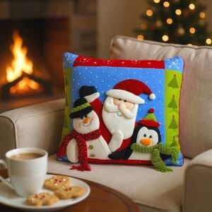 Vintage 3D Puffy Pillow Santa Snowman Penguin Holiday Decor